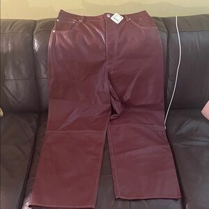 New With Tag We The Free “Wine” Burgundy Faux Leather Pants w White Stitch Trim